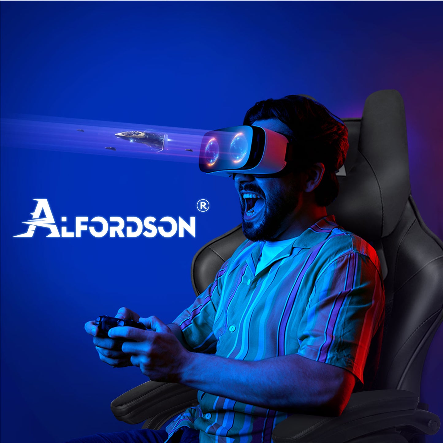 ALFORDSON Gaming Stuhl Office Racer Großes Lendenkissen Fußstütze Sitz Leder Schwarz