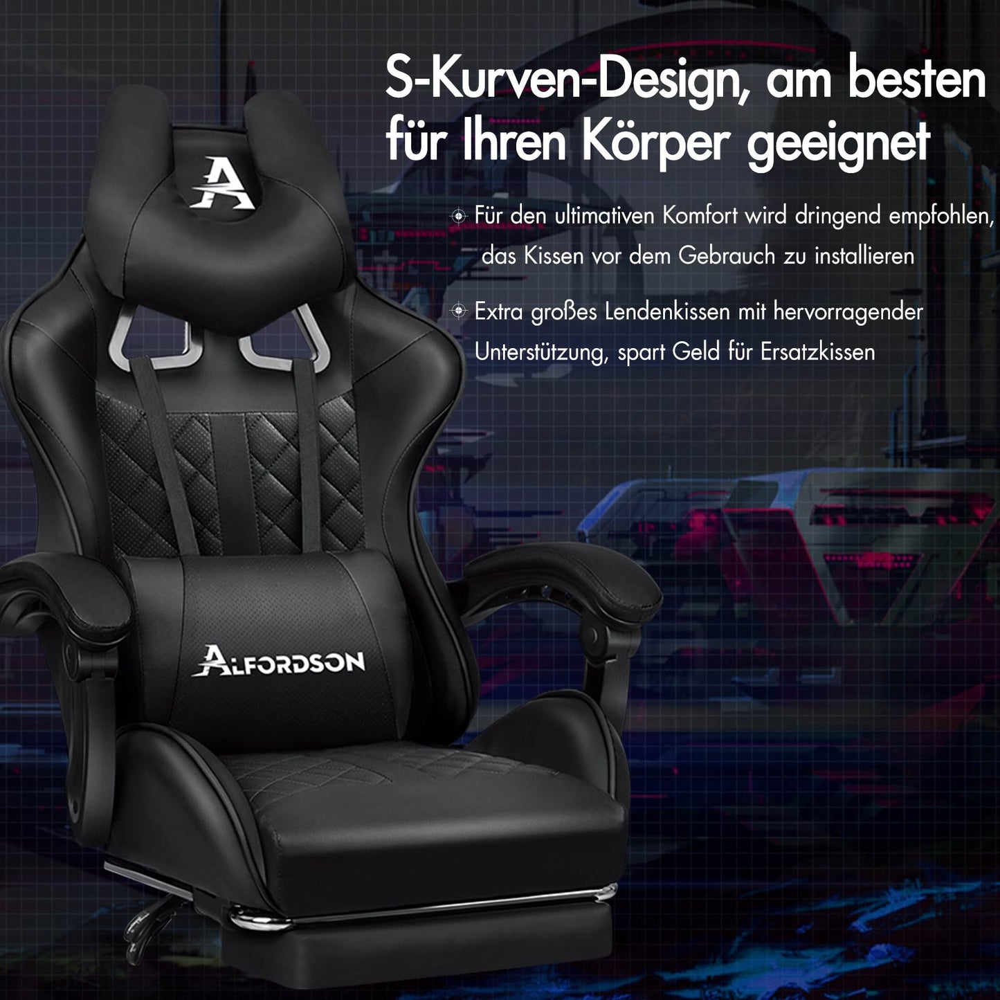 ALFORDSON Gaming Stuhl Office Racer Großes Lendenkissen Fußstütze Sitz Leder Schwarz