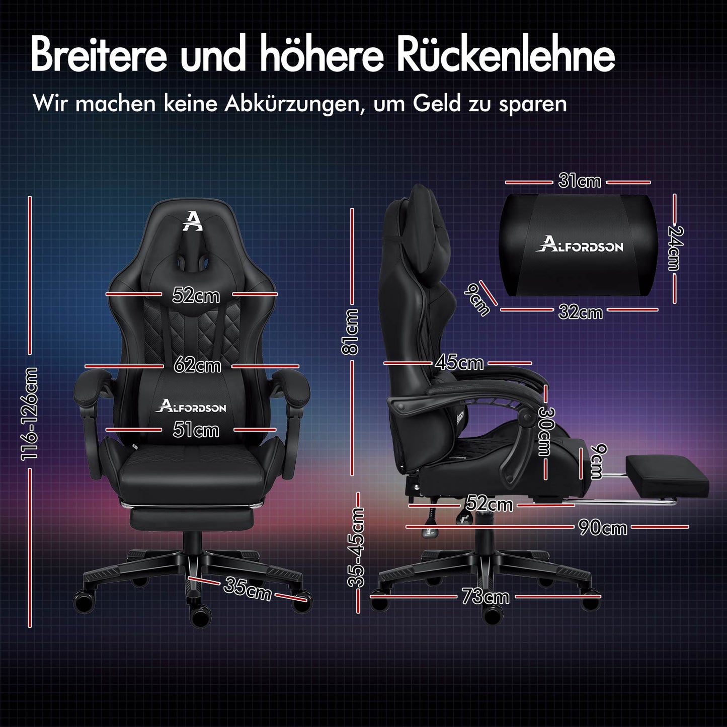 ALFORDSON Gaming Stuhl Office Racer Großes Lendenkissen Fußstütze Sitz Leder Schwarz