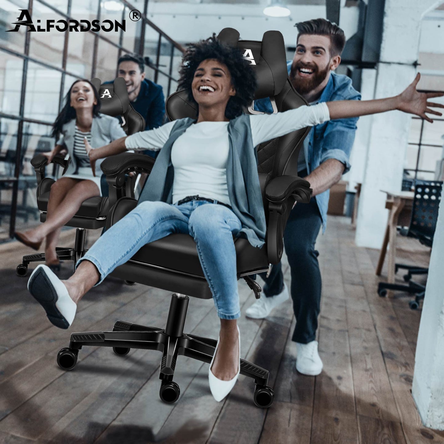 ALFORDSON Gaming Stuhl Office Racer Großes Lendenkissen Fußstütze Sitz Leder Schwarz