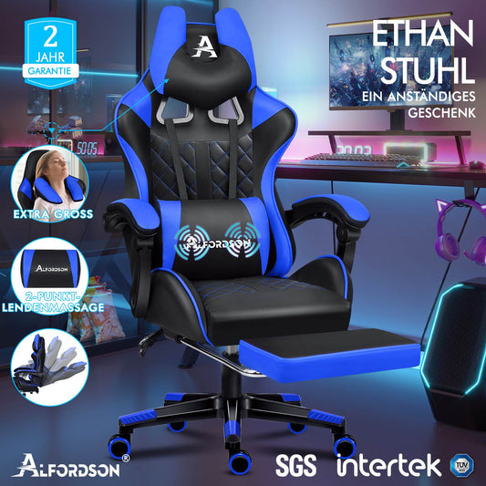 ALFORDSON Gaming Stuhl Office Racer Großes Lendenkissen Fußstütze Sitz Leder Blau