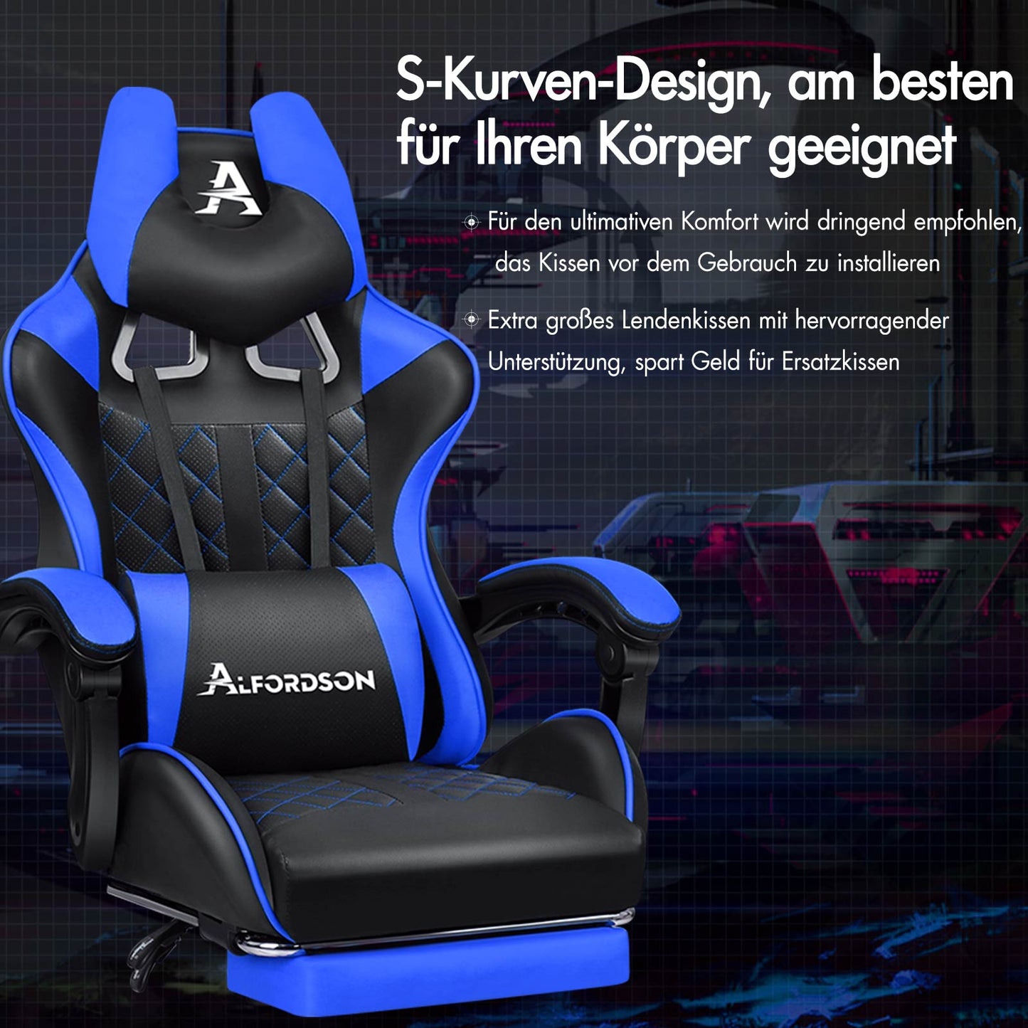 ALFORDSON Gaming Stuhl Office Racer Großes Lendenkissen Fußstütze Sitz Leder Blau