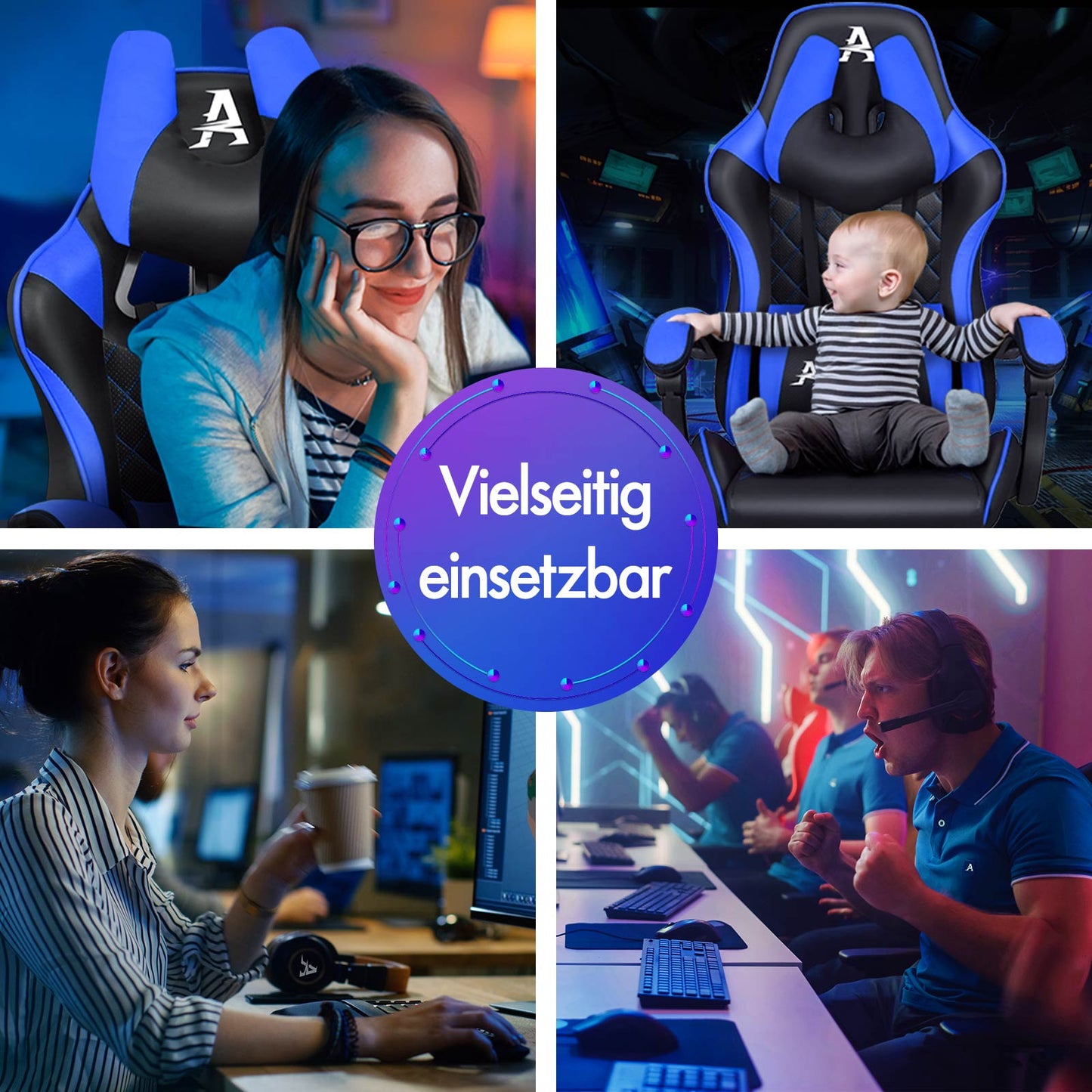 ALFORDSON Gaming Stuhl Office Racer Großes Lendenkissen Fußstütze Sitz Leder Blau