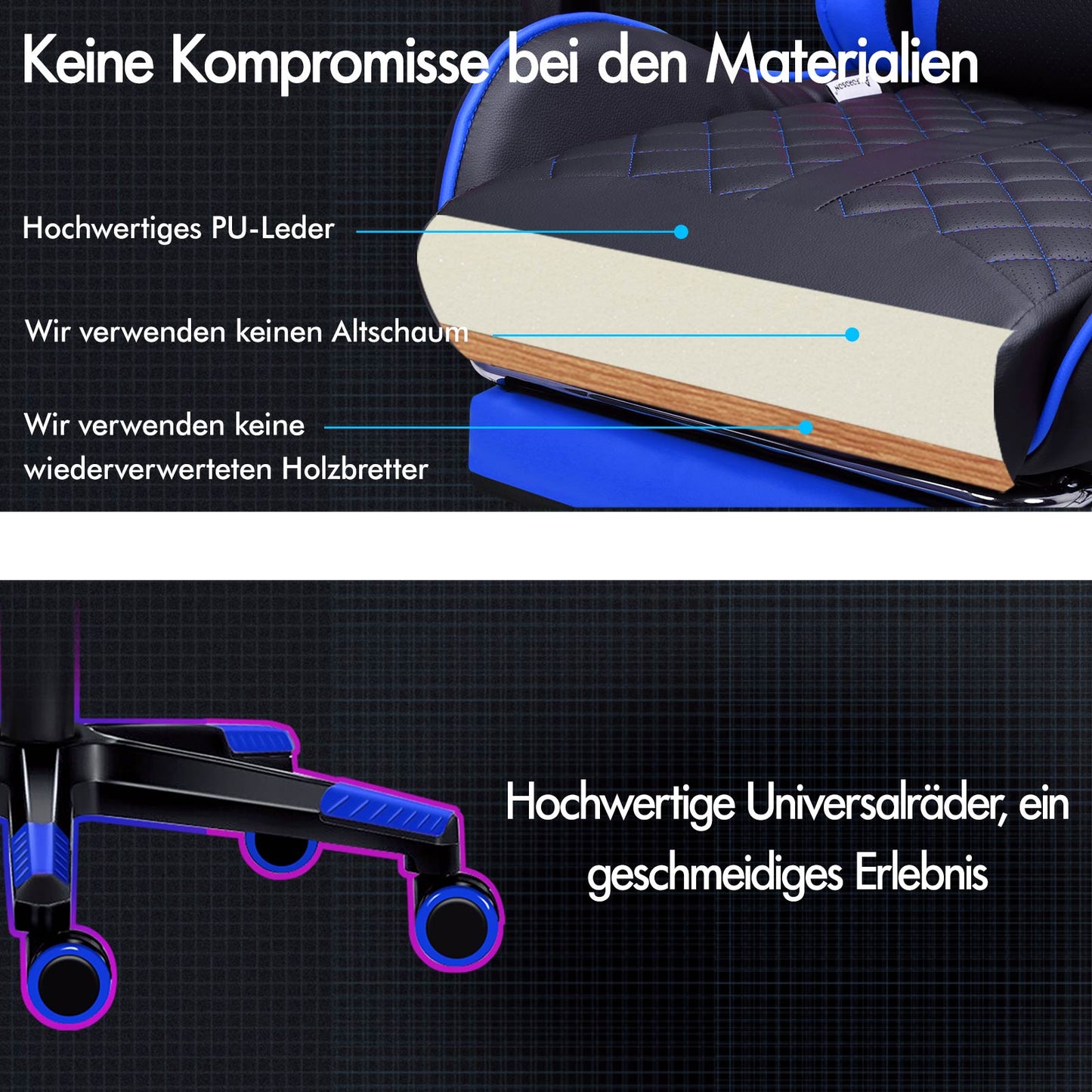 ALFORDSON Gaming Stuhl Office Racer Großes Lendenkissen Fußstütze Sitz Leder Blau