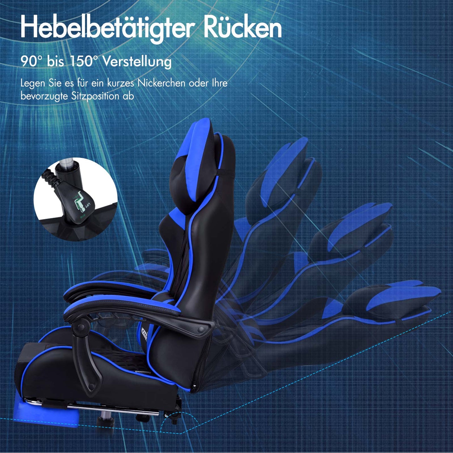 ALFORDSON Gaming Stuhl Office Racer Großes Lendenkissen Fußstütze Sitz Leder Blau