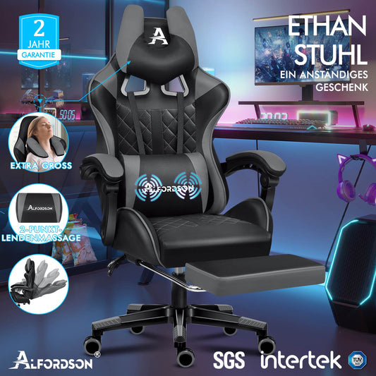 ALFORDSON Gaming Stuhl Office Racer Großes Lendenkissen Fußstütze Sitz Leder Grau
