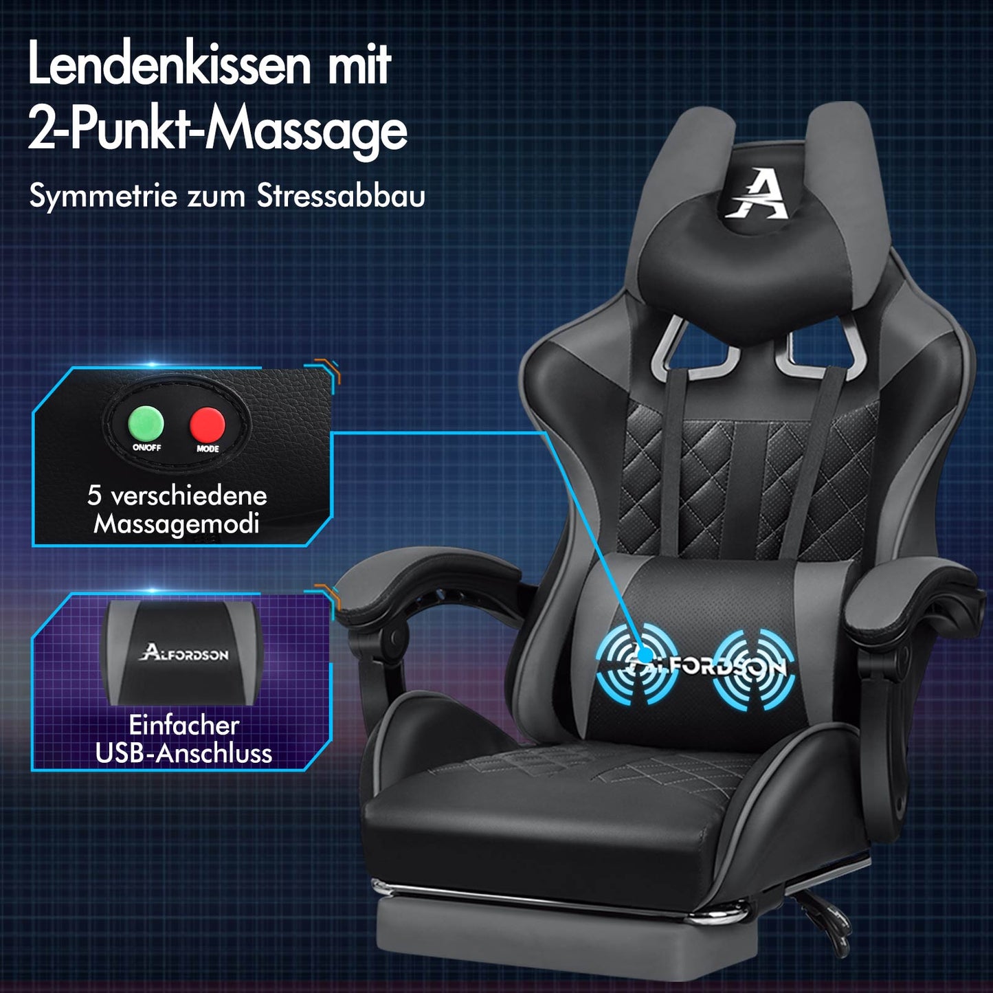 ALFORDSON Gaming Stuhl Office Racer Großes Lendenkissen Fußstütze Sitz Leder Grau
