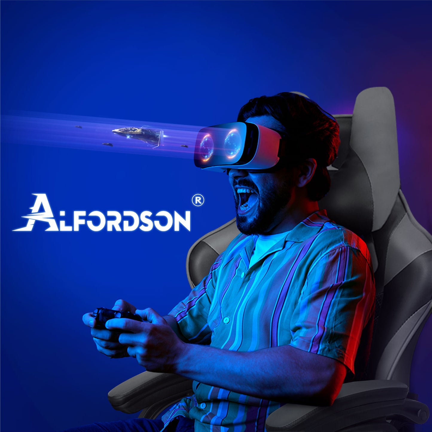 ALFORDSON Gaming Stuhl Office Racer Großes Lendenkissen Fußstütze Sitz Leder Grau