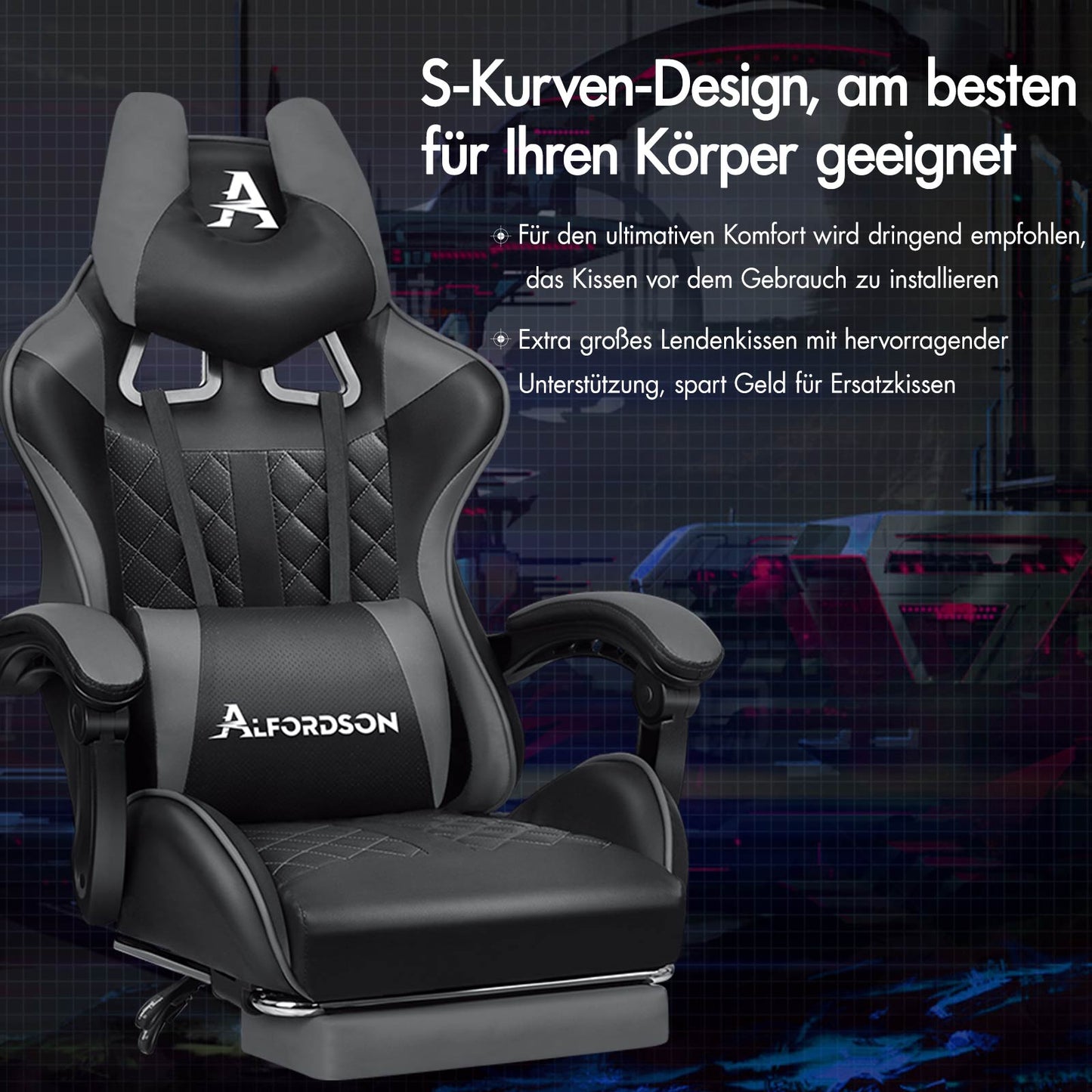 ALFORDSON Gaming Stuhl Office Racer Großes Lendenkissen Fußstütze Sitz Leder Grau