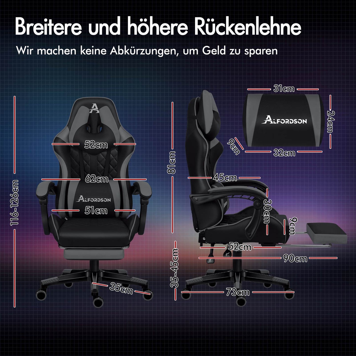 ALFORDSON Gaming Stuhl Office Racer Großes Lendenkissen Fußstütze Sitz Leder Grau