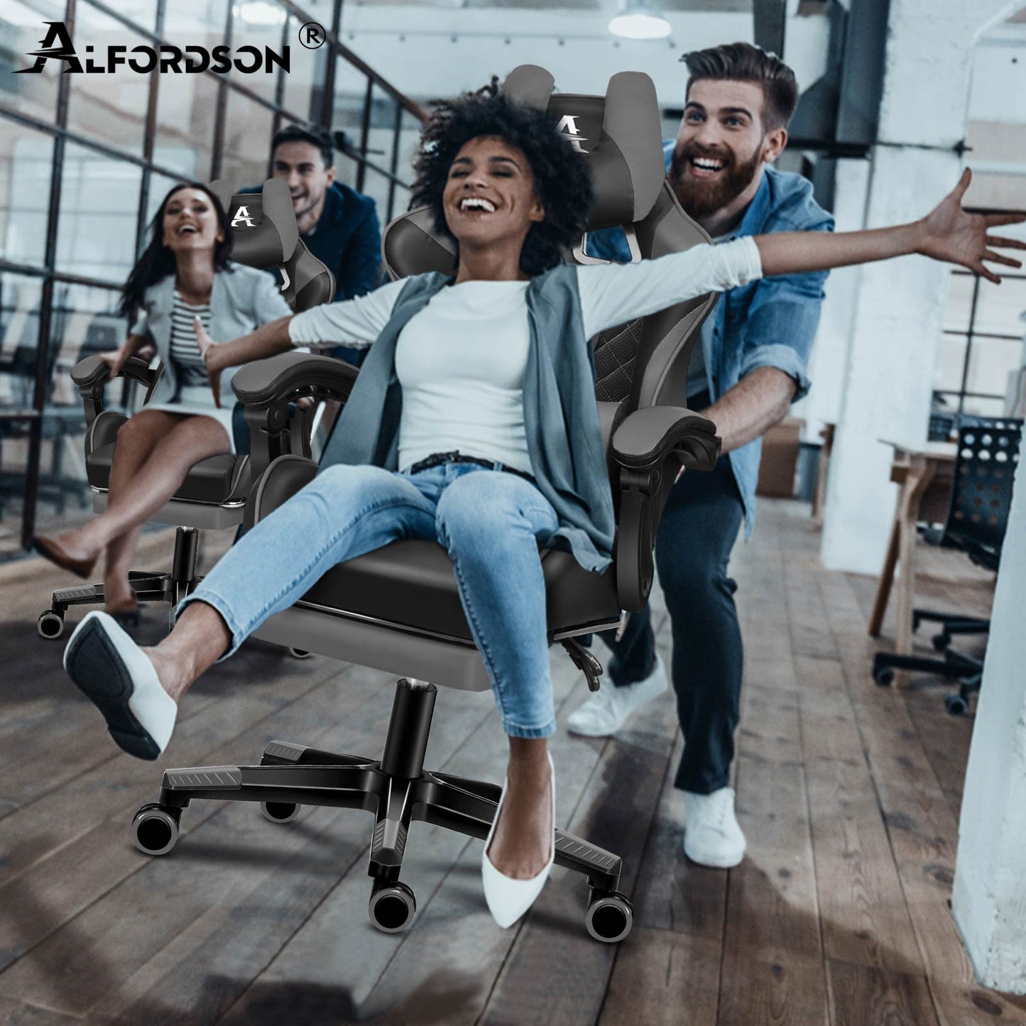 ALFORDSON Gaming Stuhl Office Racer Großes Lendenkissen Fußstütze Sitz Leder Grau