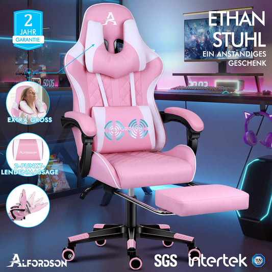 ALFORDSON Gaming Stuhl Office Racer Großes Lendenkissen Fußstütze Sitz Leder Rosa