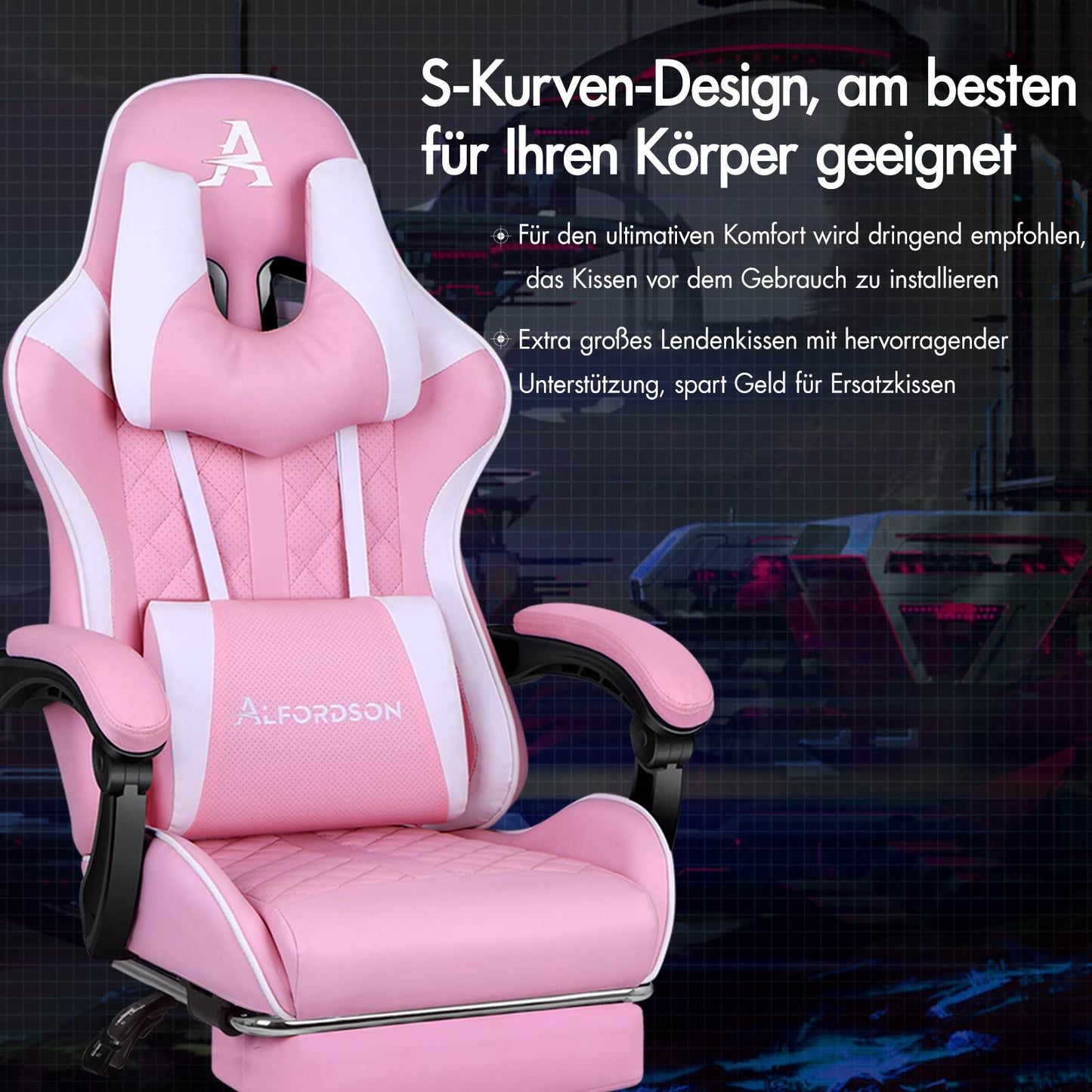ALFORDSON Gaming Stuhl Office Racer Großes Lendenkissen Fußstütze Sitz Leder Rosa