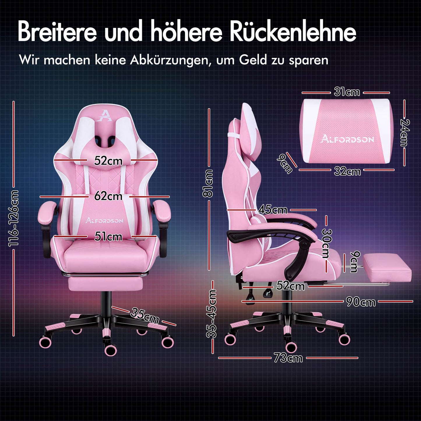 ALFORDSON Gaming Stuhl Office Racer Großes Lendenkissen Fußstütze Sitz Leder Rosa