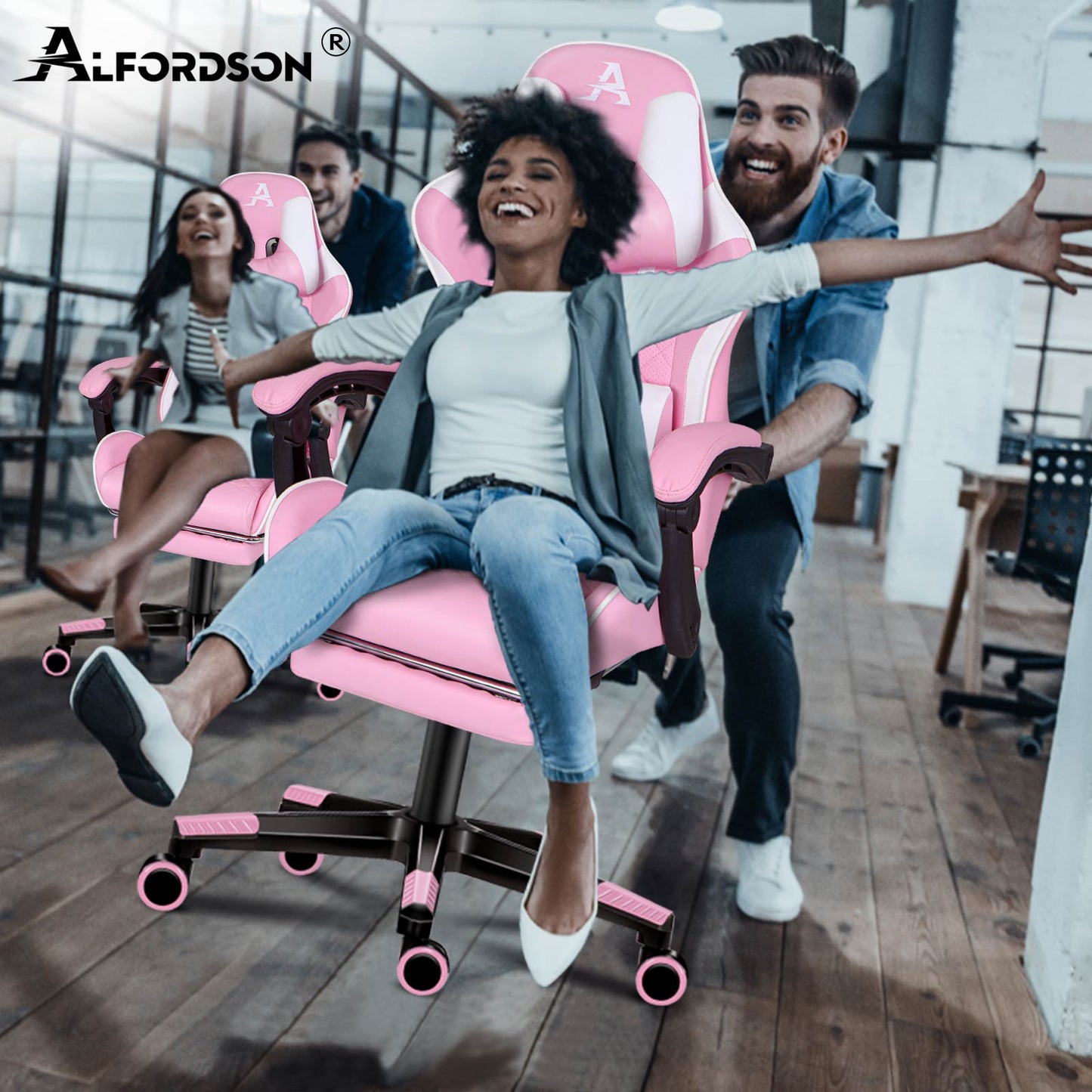 ALFORDSON Gaming Stuhl Office Racer Großes Lendenkissen Fußstütze Sitz Leder Rosa
