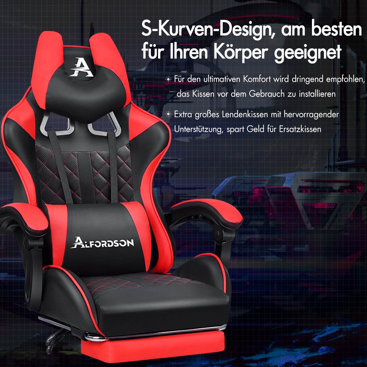 ALFORDSON Gaming Stuhl Office Racer Großes Lendenkissen Fußstütze Sitz Leder Rot