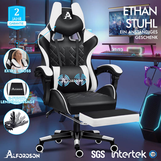 ALFORDSON Gaming Stuhl Office Racer Großes Lendenkissen Fußstütze Sitz Leder Weiß