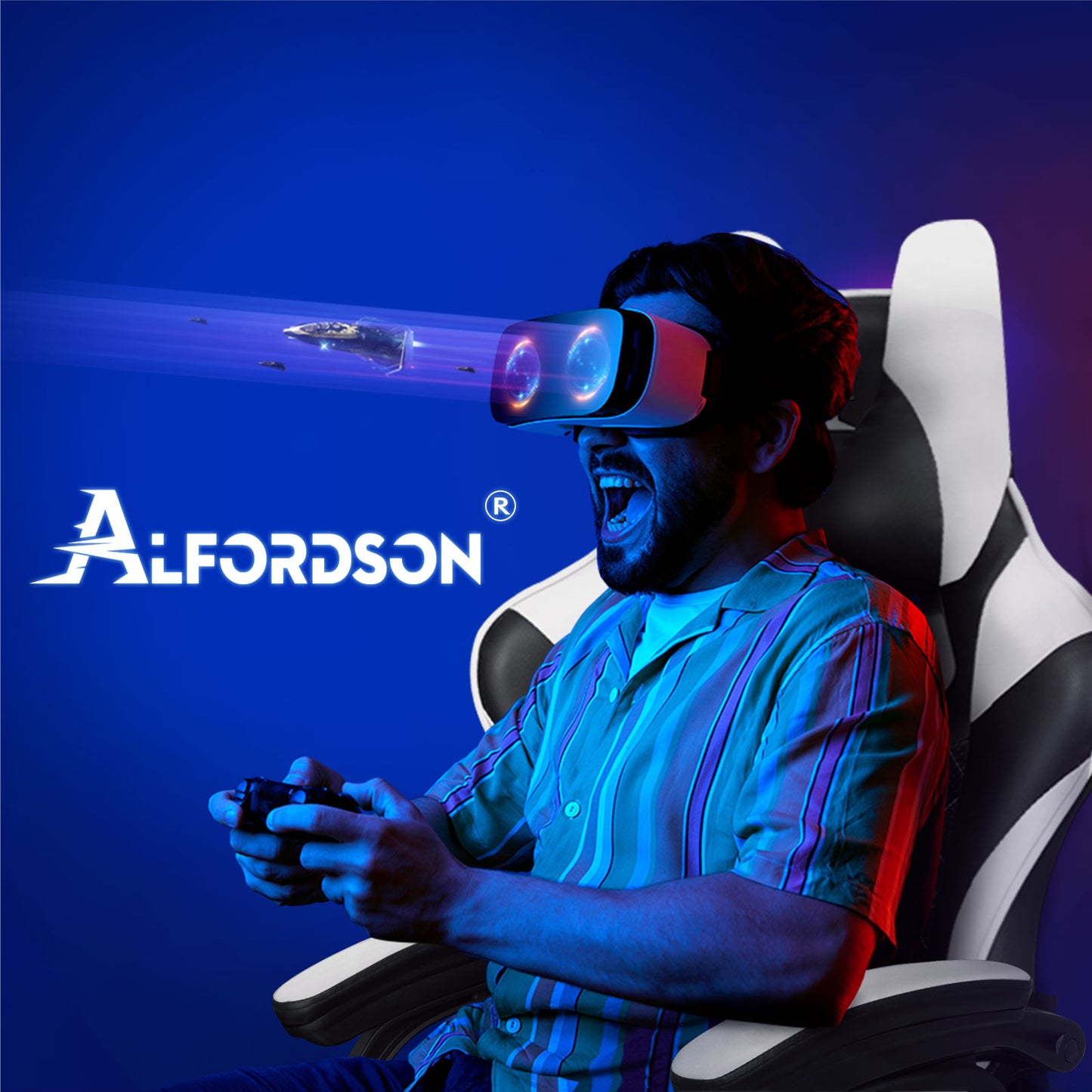 ALFORDSON Gaming Stuhl Office Racer Großes Lendenkissen Fußstütze Sitz Leder Weiß