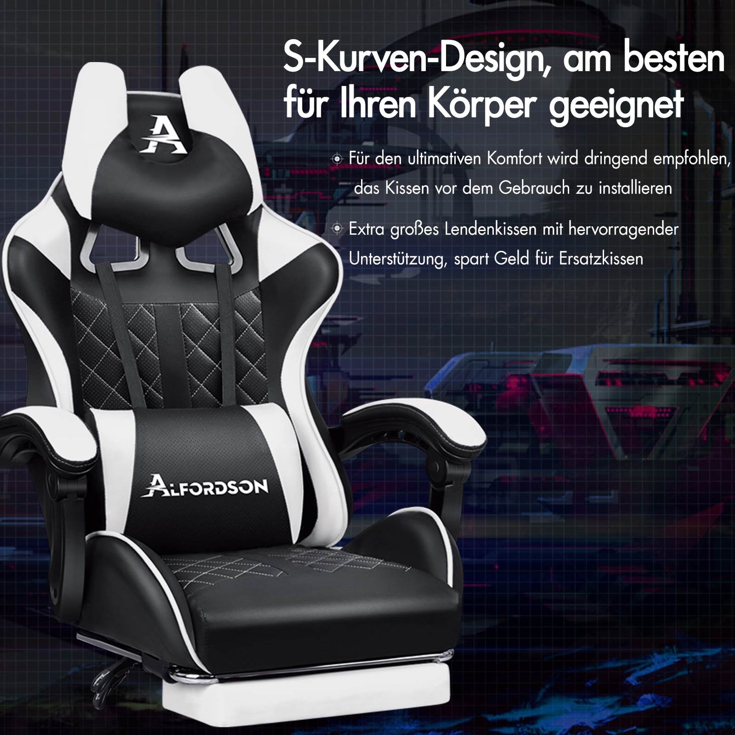 ALFORDSON Gaming Stuhl Office Racer Großes Lendenkissen Fußstütze Sitz Leder Weiß