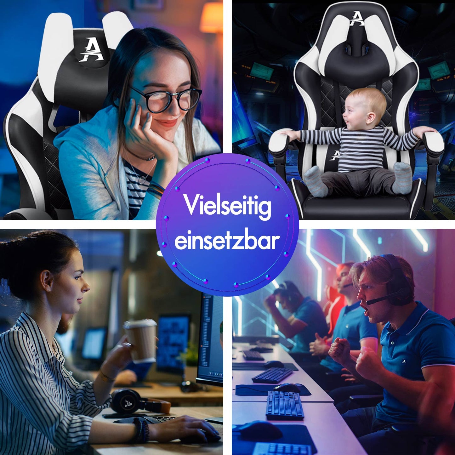 ALFORDSON Gaming Stuhl Office Racer Großes Lendenkissen Fußstütze Sitz Leder Weiß