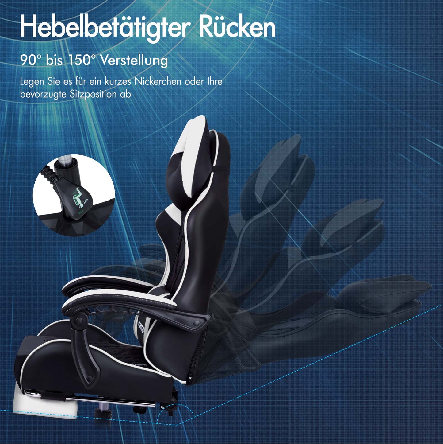 ALFORDSON Gaming Stuhl Office Racer Großes Lendenkissen Fußstütze Sitz Leder Weiß