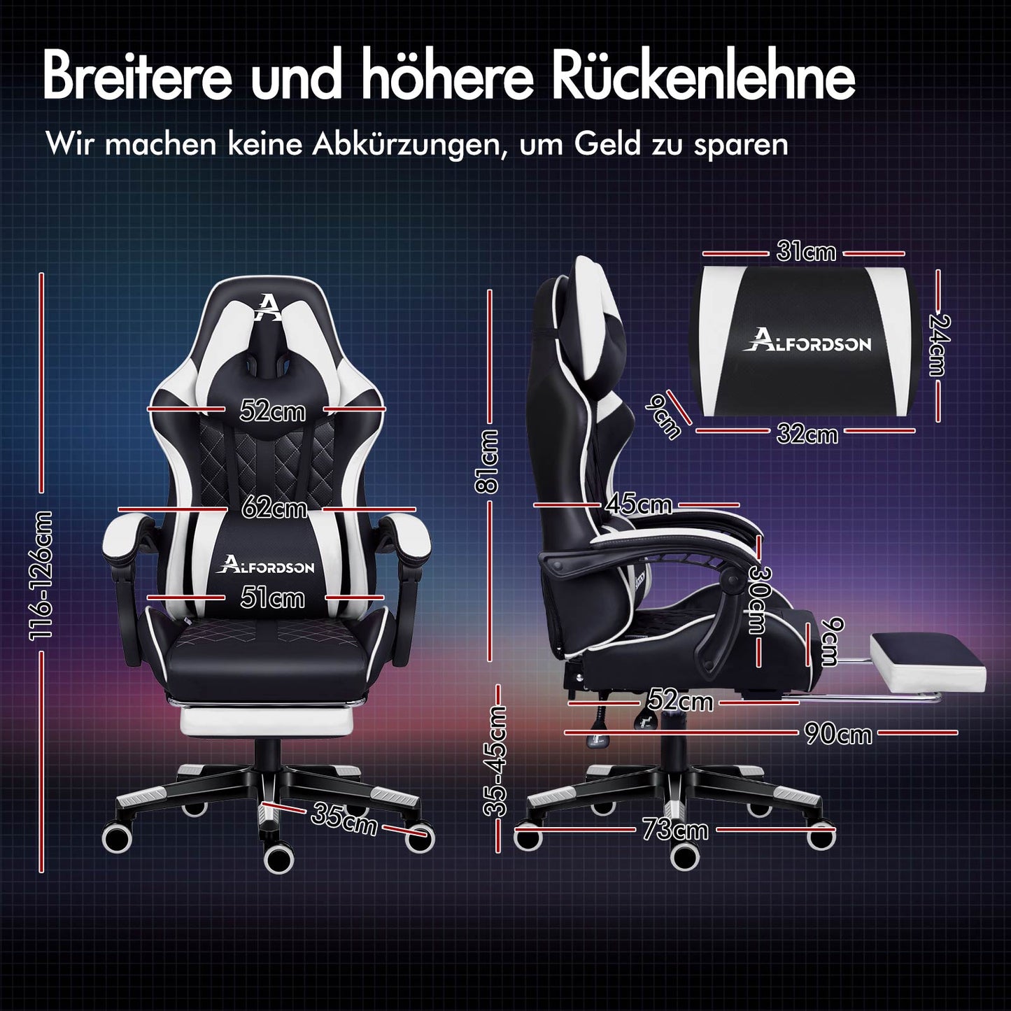 ALFORDSON Gaming Stuhl Office Racer Großes Lendenkissen Fußstütze Sitz Leder Weiß