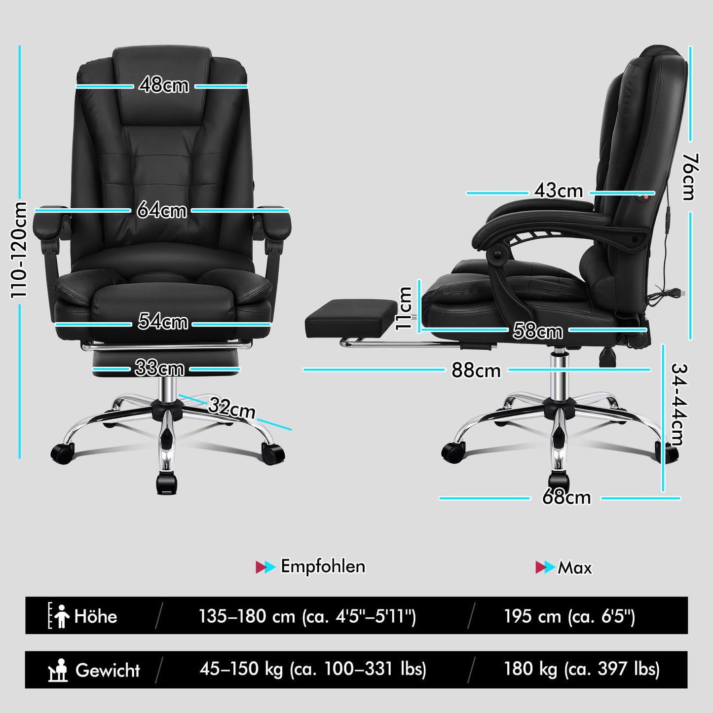 ALFORDSON Massage-Bürostuhl Gaming-Stuhl Executive-Sitz PU-Leder Computer Racer, Schwarz