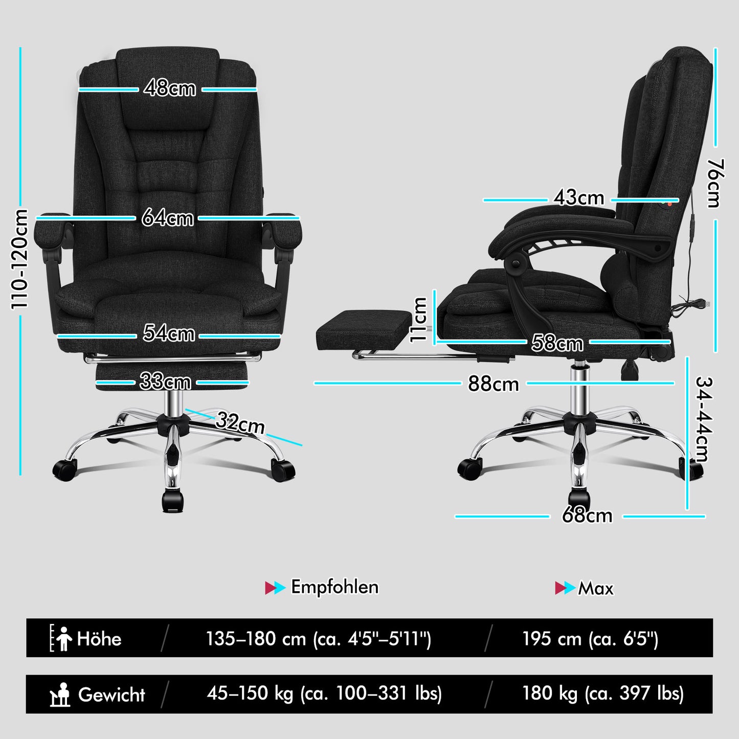 ALFORDSON Massage Bürostuhl Executive Sitz Stoff Gaming Computer Racer, Schwarz