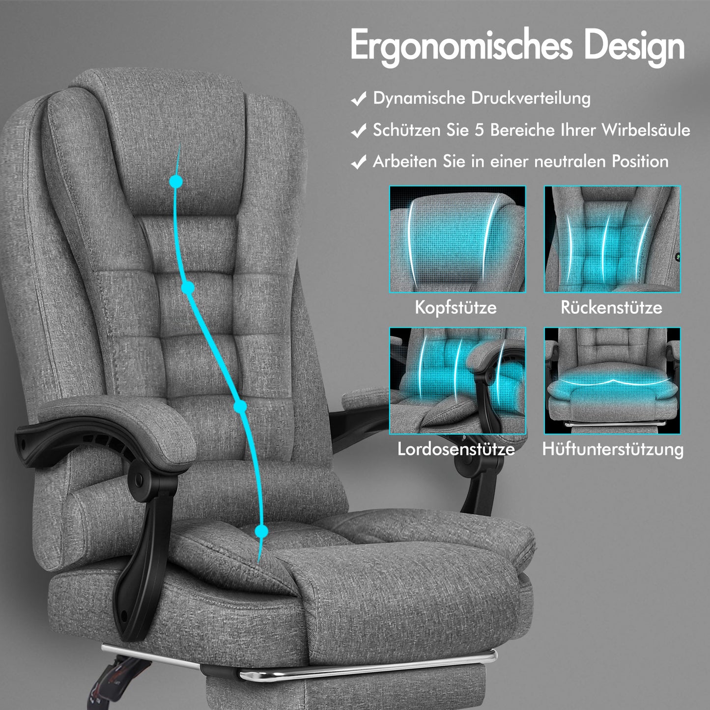ALFORDSON Massage Bürostuhl Executive Sitz Stoff Gaming Computer Racer, Grau