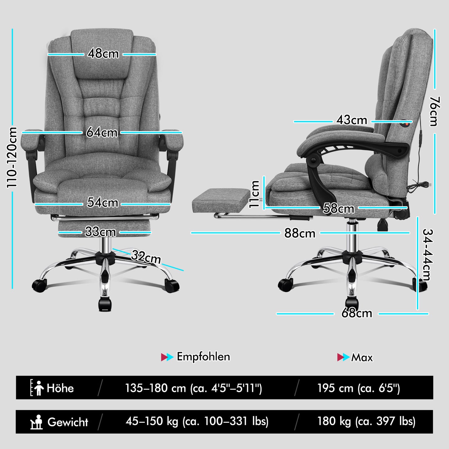 ALFORDSON Massage Bürostuhl Executive Sitz Stoff Gaming Computer Racer, Grau