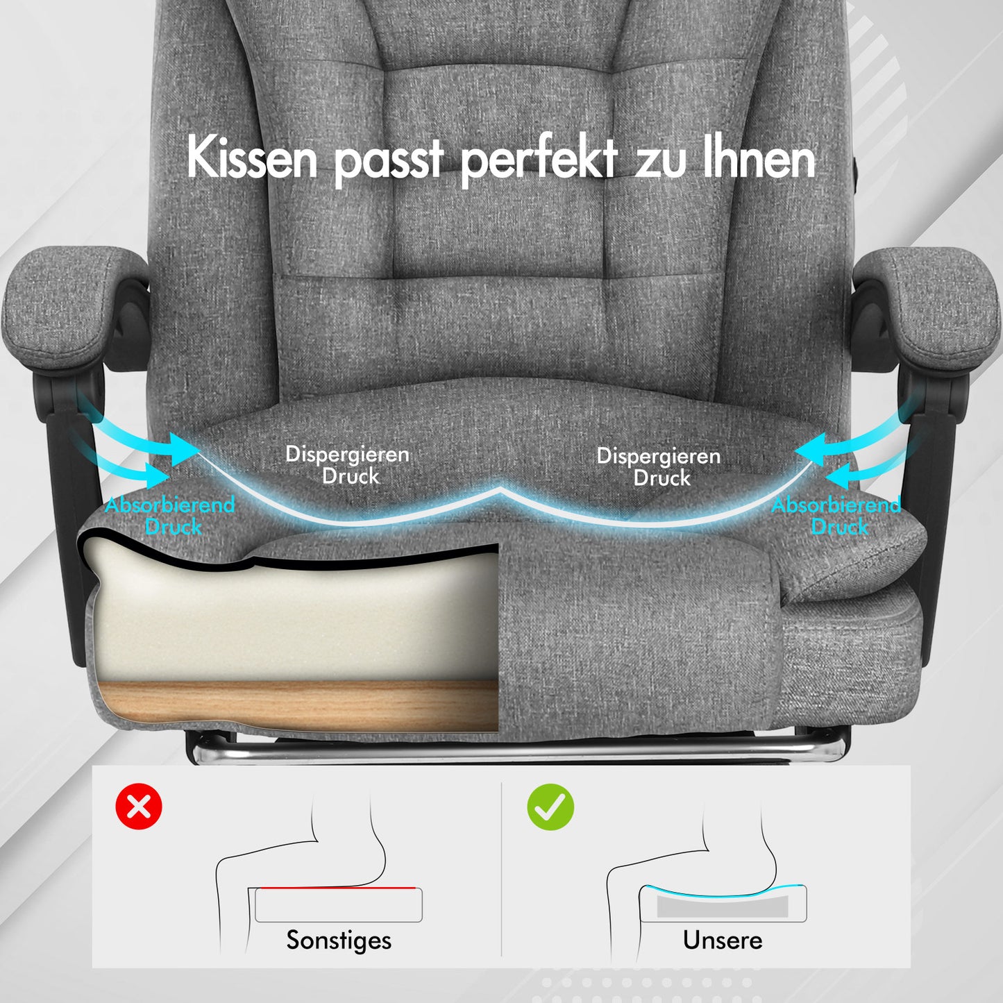 ALFORDSON Massage Bürostuhl Executive Sitz Stoff Gaming Computer Racer, Grau