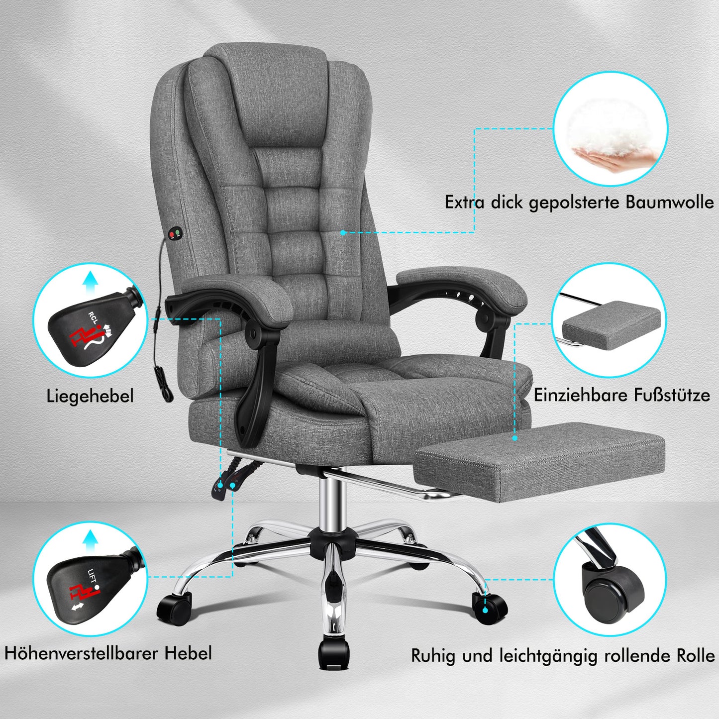 ALFORDSON Massage Bürostuhl Executive Sitz Stoff Gaming Computer Racer, Grau