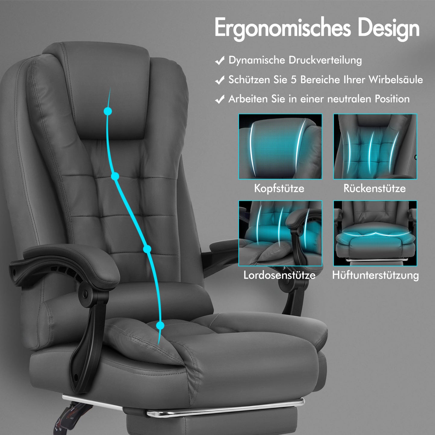 ALFORDSON Massage-Bürostuhl Gaming-Stuhl Executive-Sitz PU-Leder Computer Racer, Grau