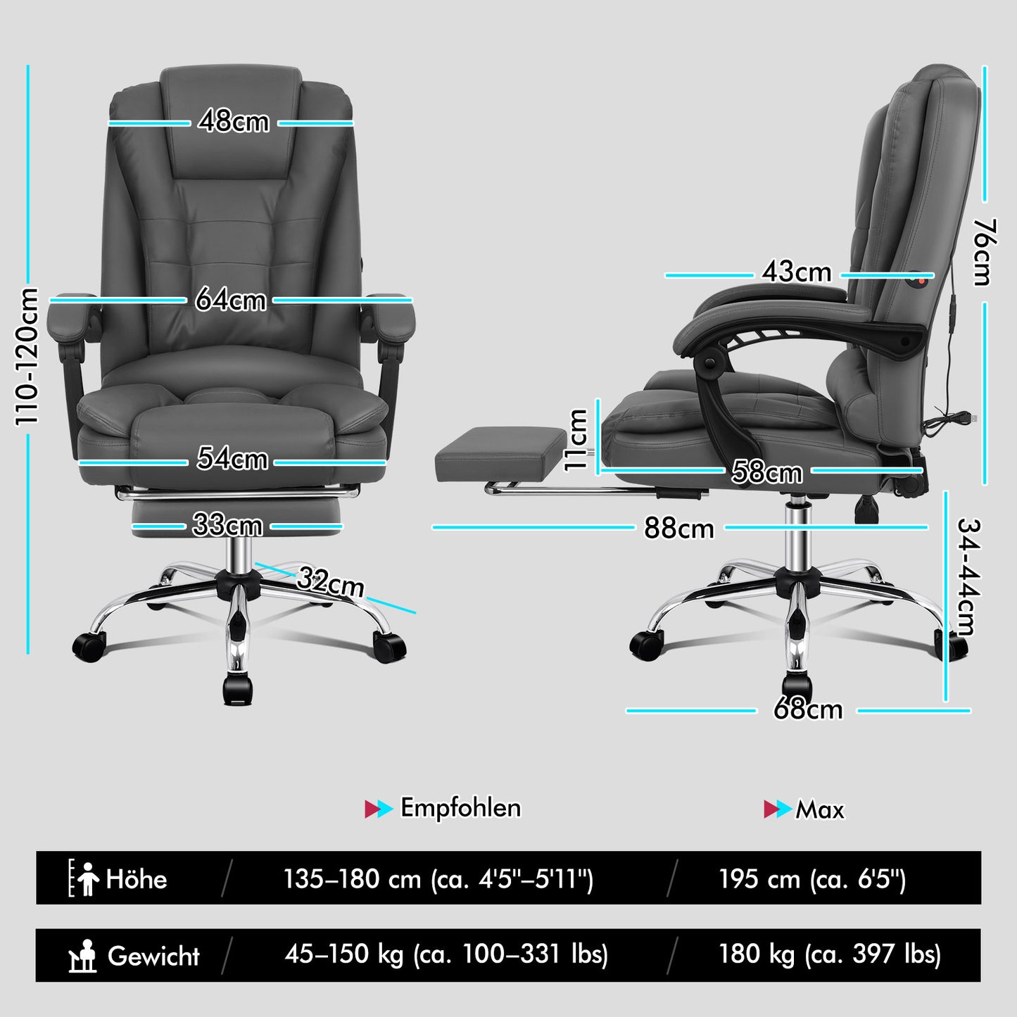 ALFORDSON Massage-Bürostuhl Gaming-Stuhl Executive-Sitz PU-Leder Computer Racer, Grau