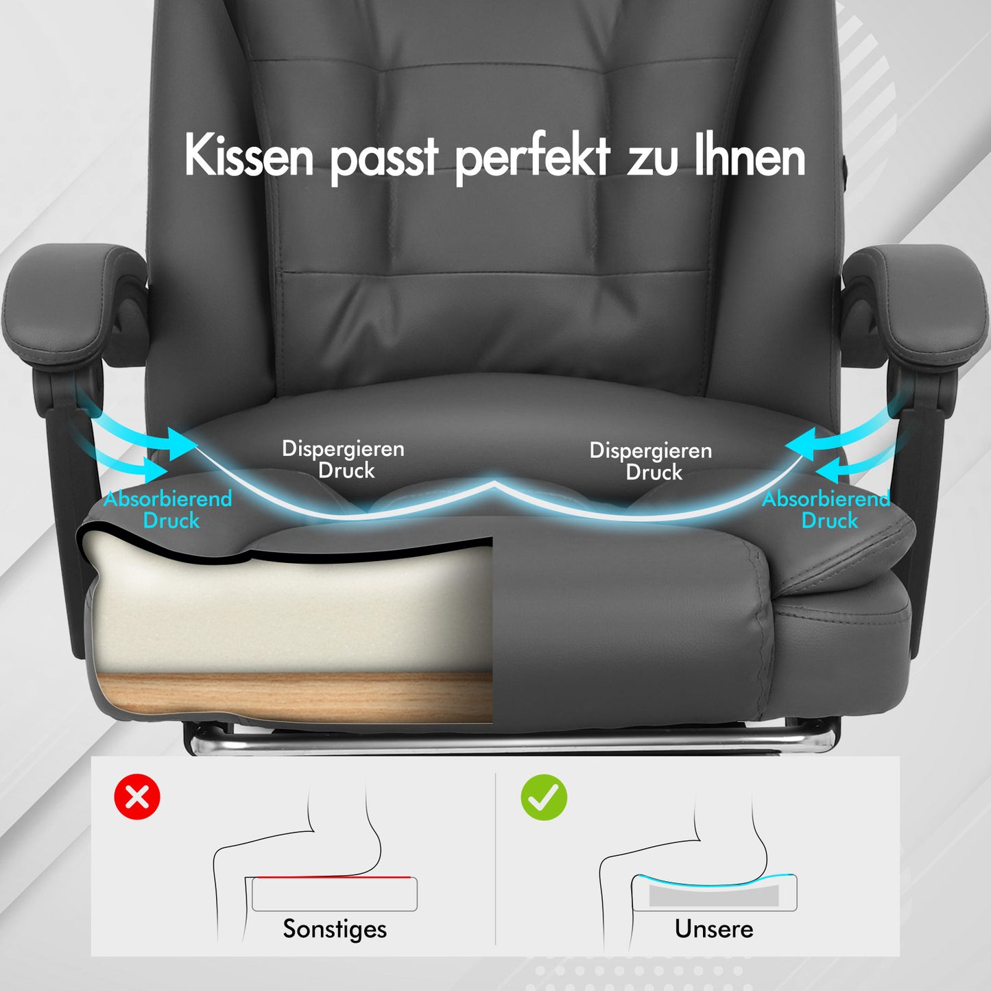 ALFORDSON Massage-Bürostuhl Gaming-Stuhl Executive-Sitz PU-Leder Computer Racer, Grau