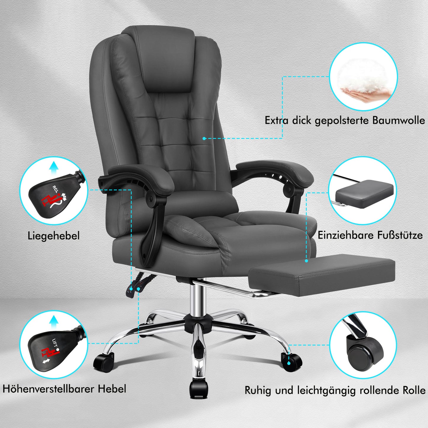 ALFORDSON Massage-Bürostuhl Gaming-Stuhl Executive-Sitz PU-Leder Computer Racer, Grau