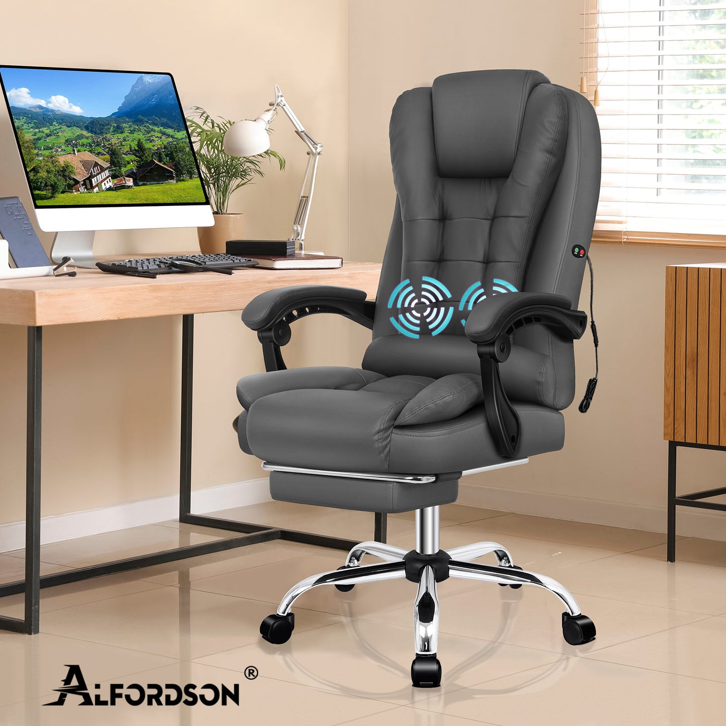 ALFORDSON Massage-Bürostuhl Gaming-Stuhl Executive-Sitz PU-Leder Computer Racer, Grau