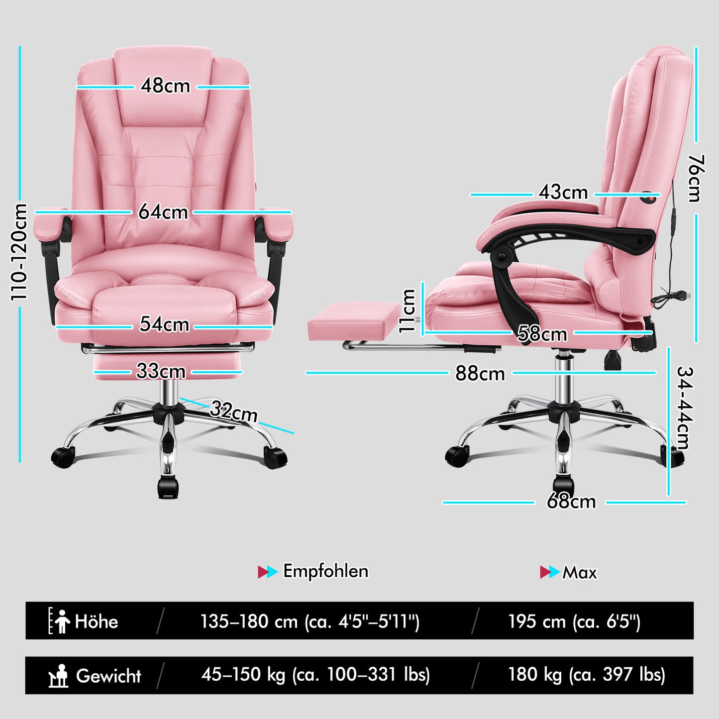 ALFORDSON Massage-Bürostuhl Gaming-Stuhl Executive-Sitz PU-Leder Computer Racer, Rosa