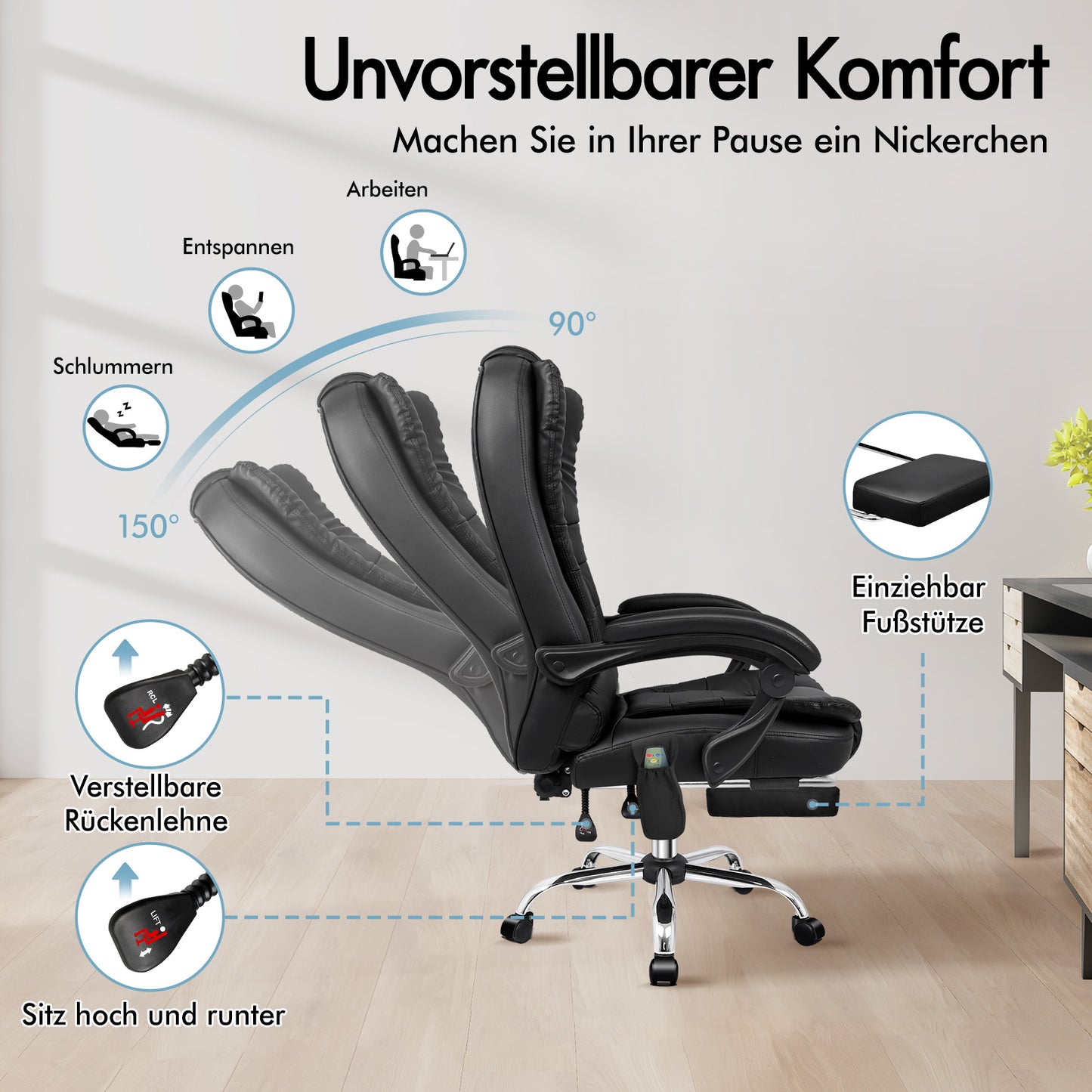ALFORDSON Massage-Bürostuhl Beheizter Chef-Computersitz Schwarz