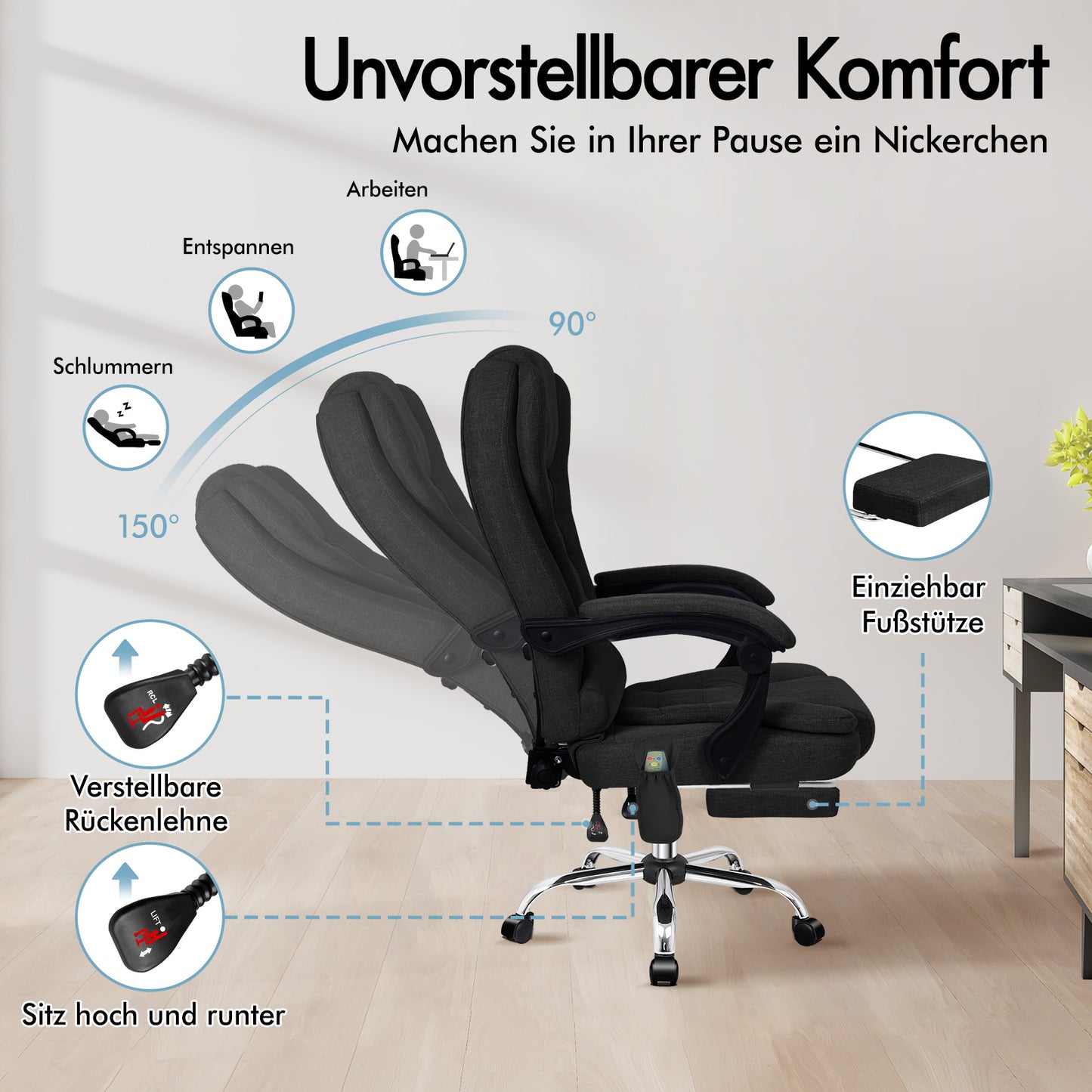 Silla de oficina de masaje ALFORDSON, asiento ejecutivo para computadora de tela con calefacción, color negro