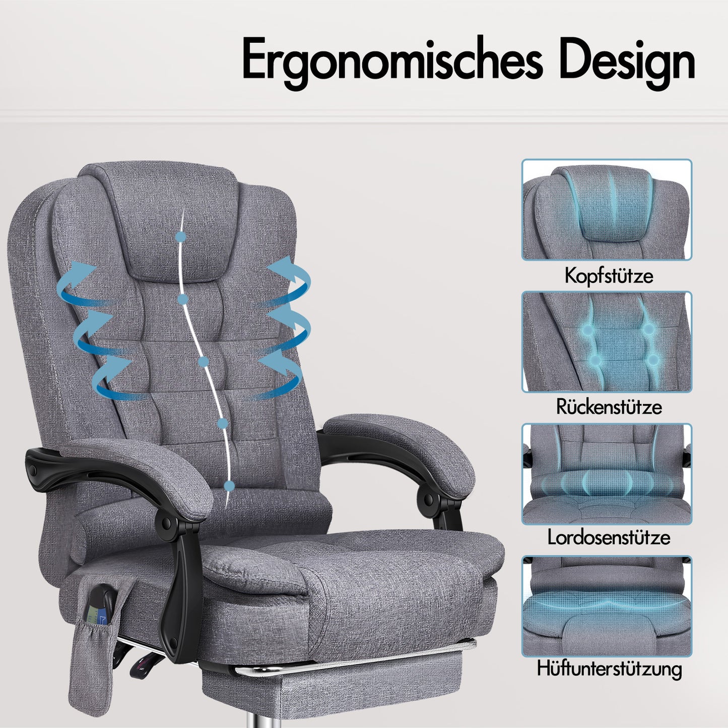 ALFORDSON Massage-Bürostuhl Stoff Beheizter Chef-Computersitz Grau