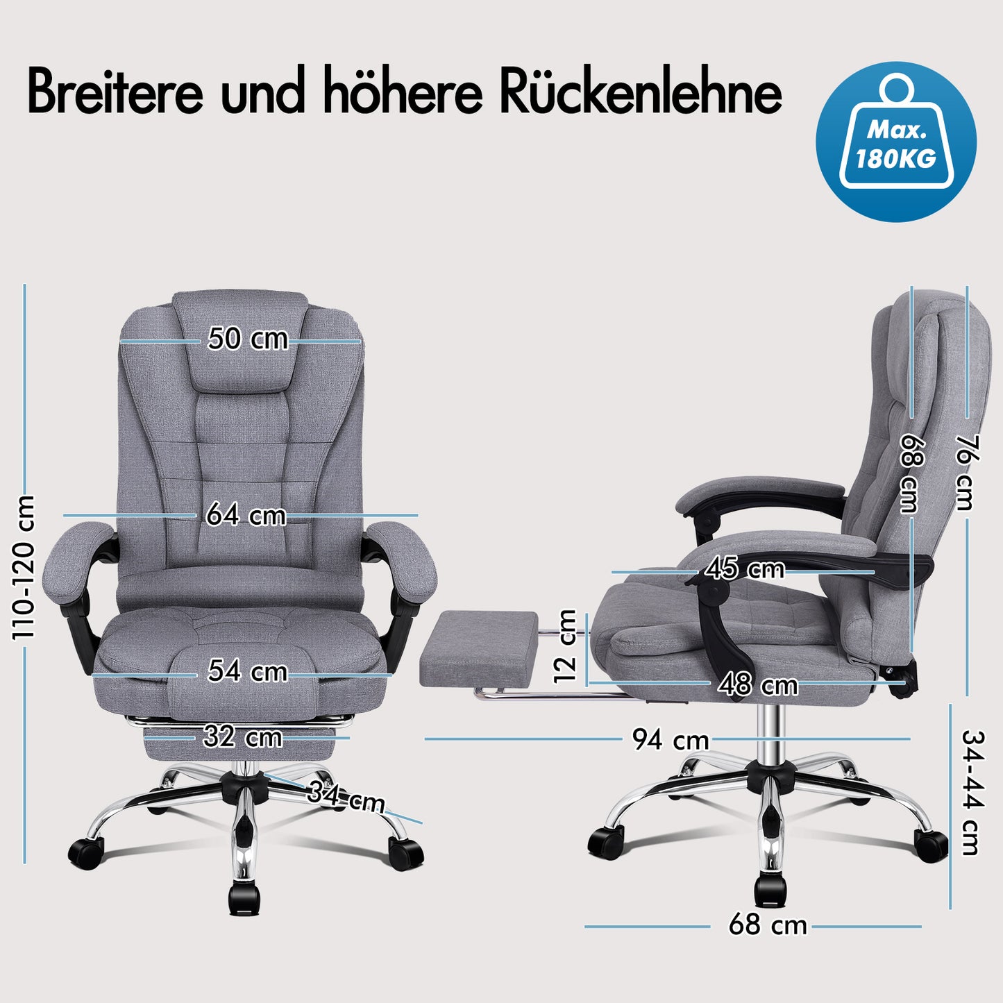 ALFORDSON Massage-Bürostuhl Stoff Beheizter Chef-Computersitz Grau