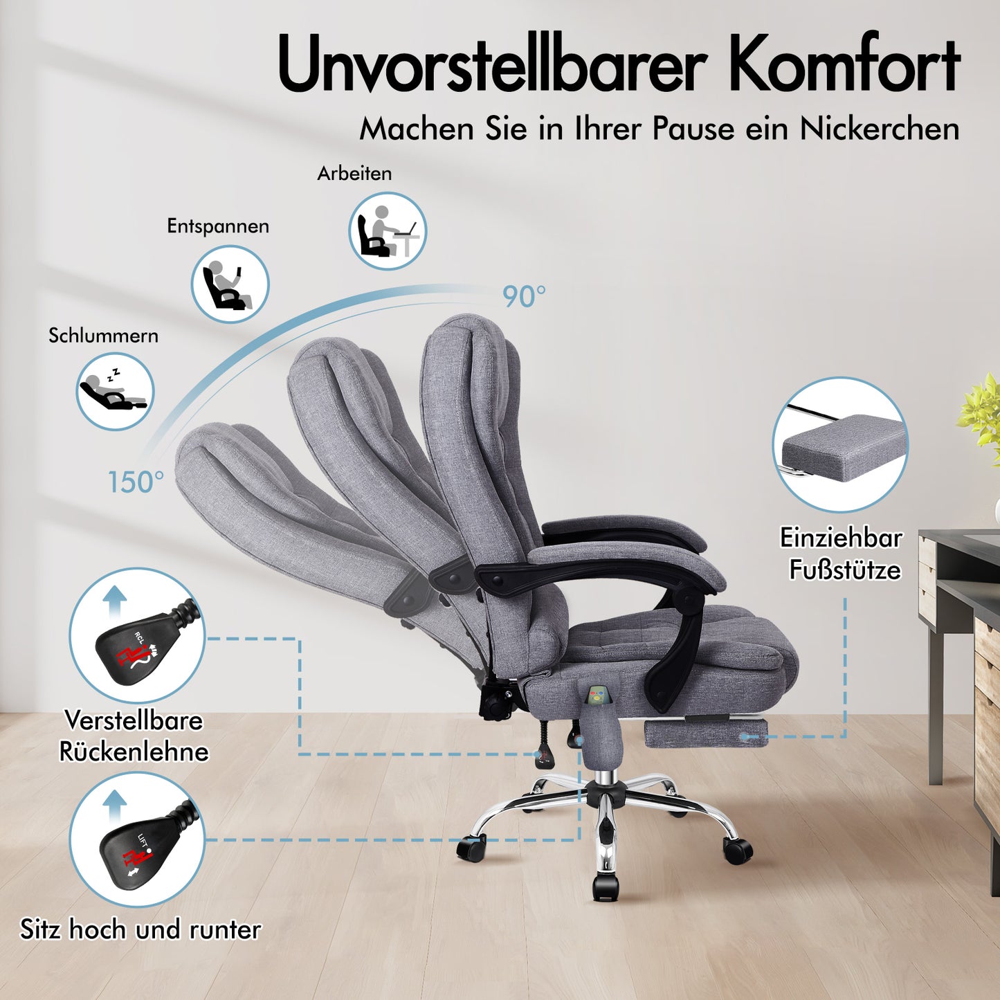 ALFORDSON Massage-Bürostuhl Stoff Beheizter Chef-Computersitz Grau