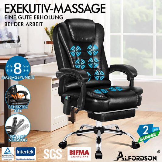 ALFORDSON Massage-Bürostuhl Beheizter Chef-Computersitz Schwarz glänzend