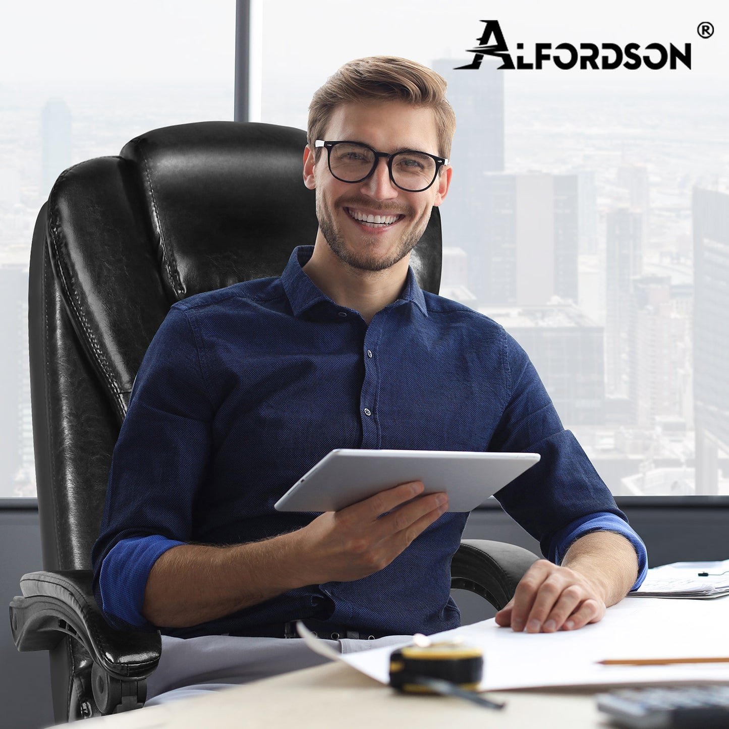 ALFORDSON Massage-Bürostuhl Beheizter Chef-Computersitz Schwarz glänzend