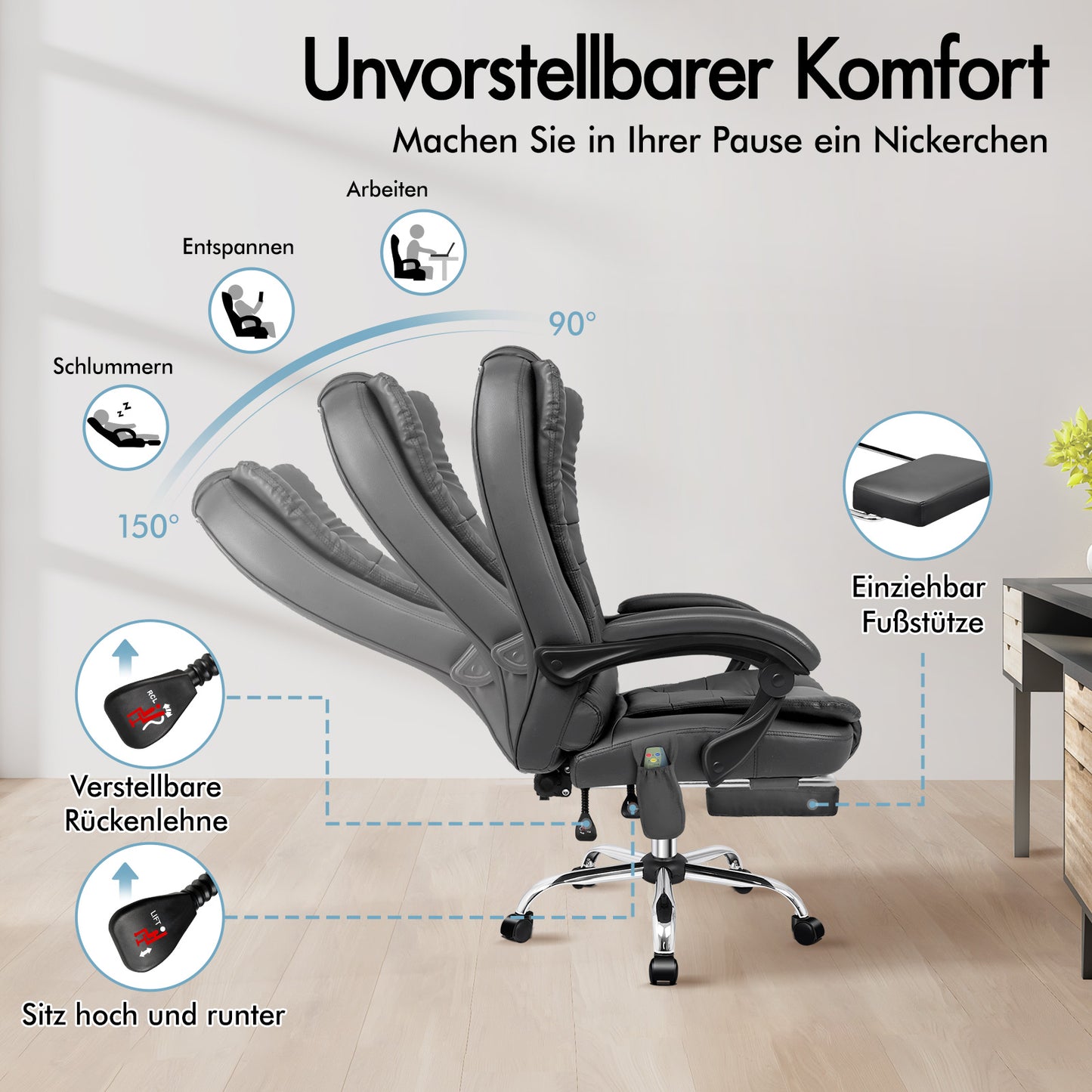 ALFORDSON Massage-Bürostuhl Beheizter Chef-Computersitz Grau