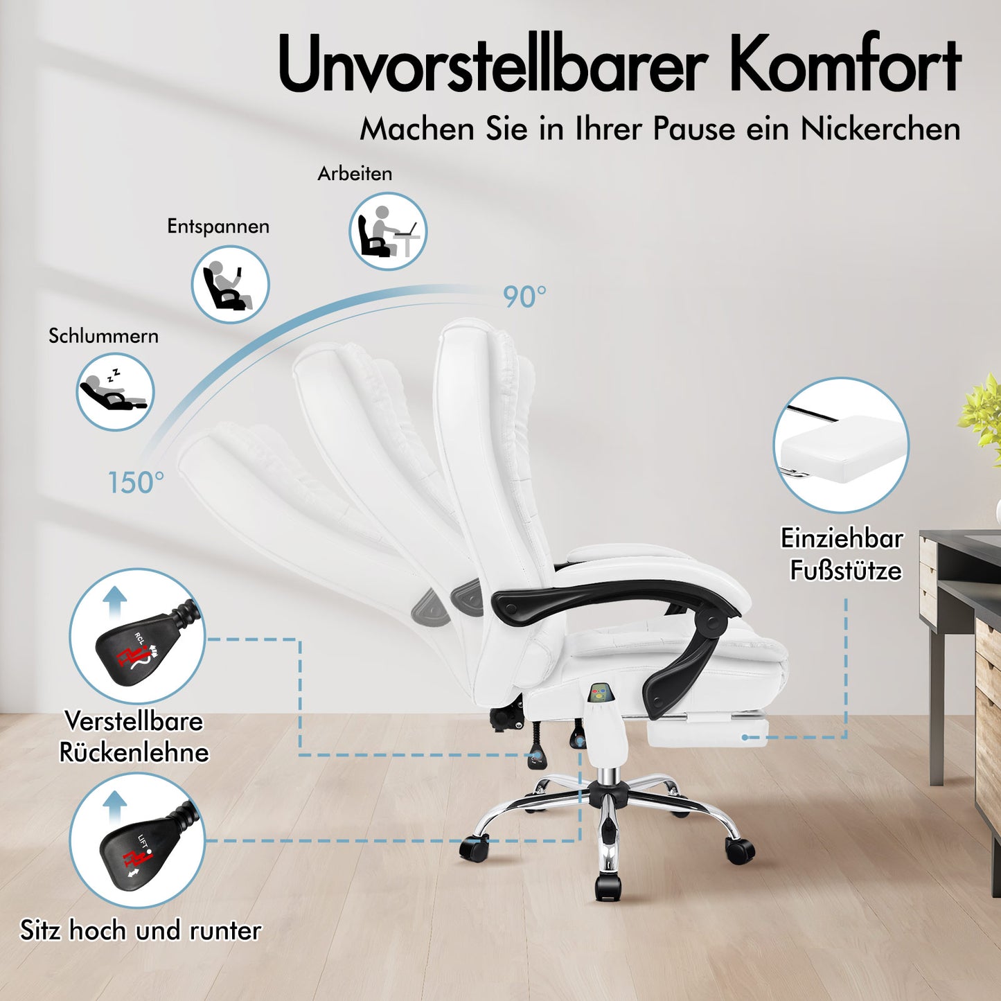 ALFORDSON Massage-Bürostuhl Beheizter Chef-Computersitz Weiß