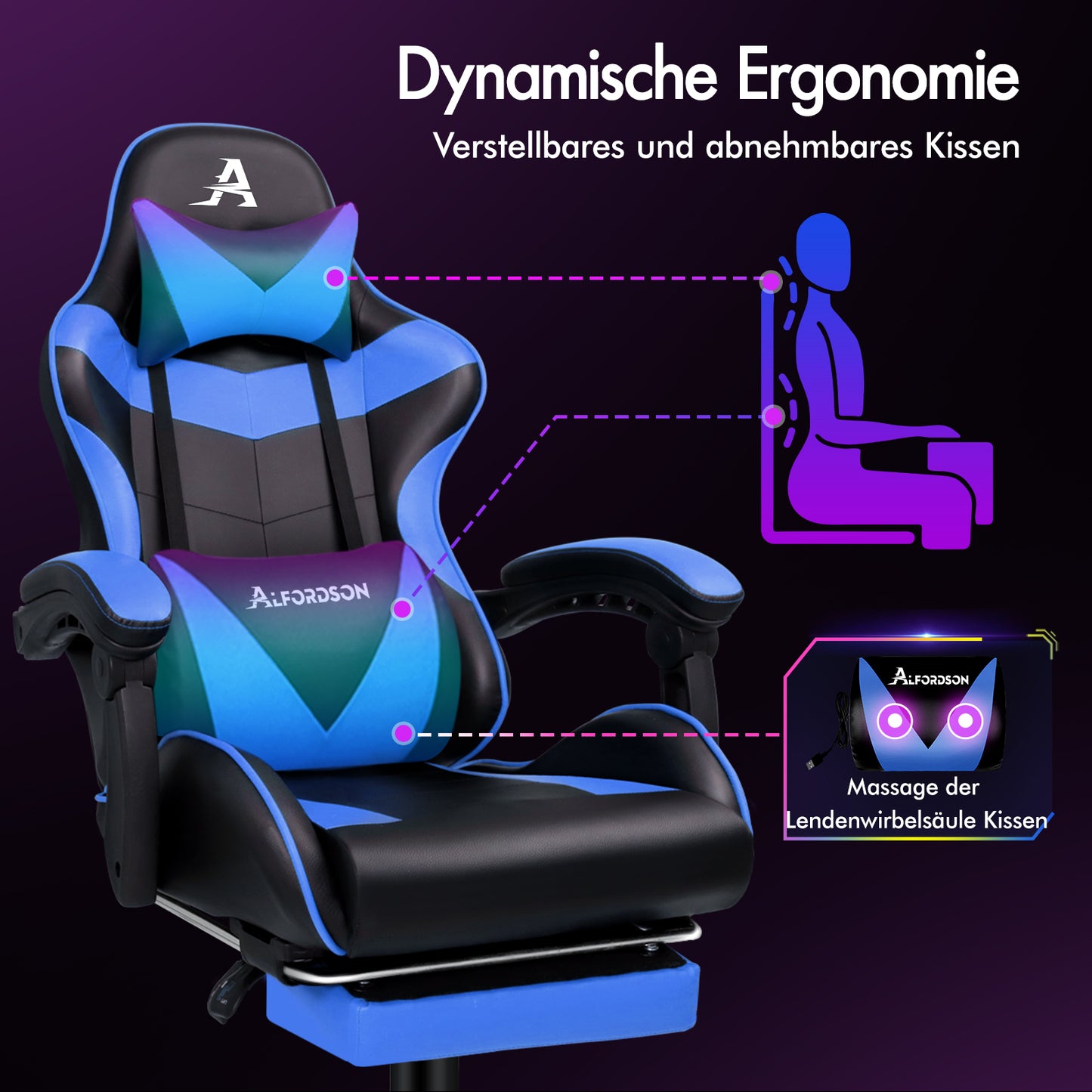 ALFORDSON Gaming Stuhl Büro Massage Computer Racing Sitz PU Leder Blau