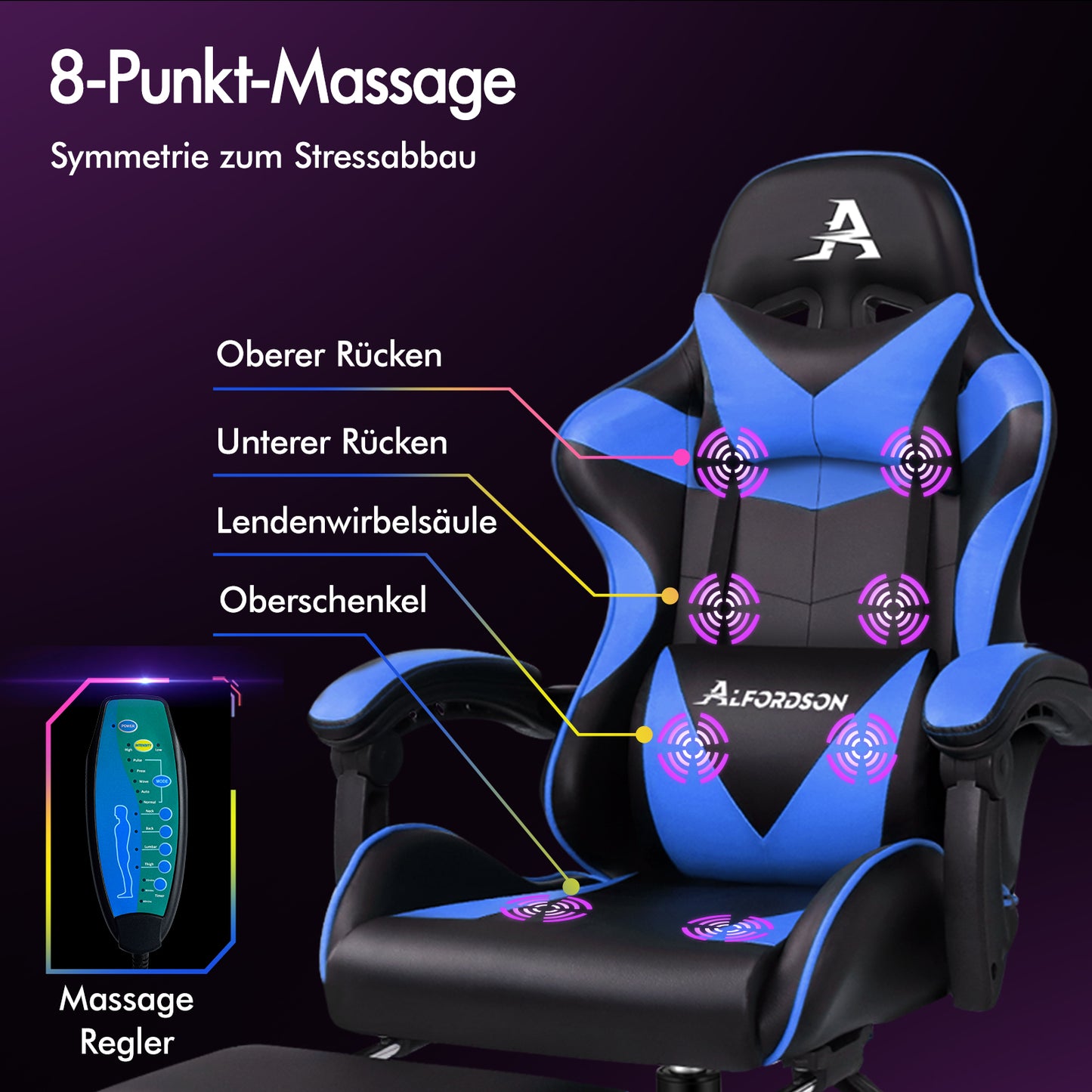 ALFORDSON Gaming Stuhl Büro Massage Computer Racing Sitz PU Leder Blau