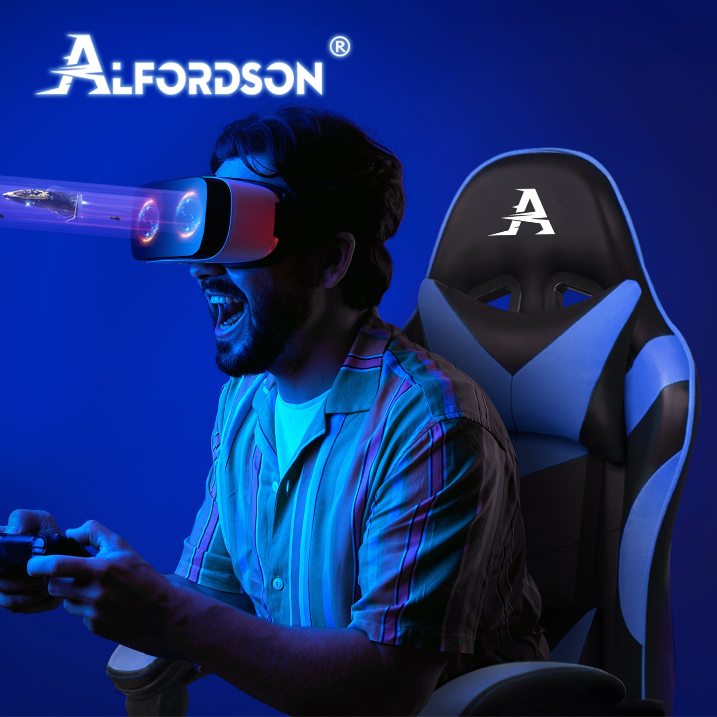 ALFORDSON Gaming Stuhl Büro Massage Computer Racing Sitz PU Leder Blau